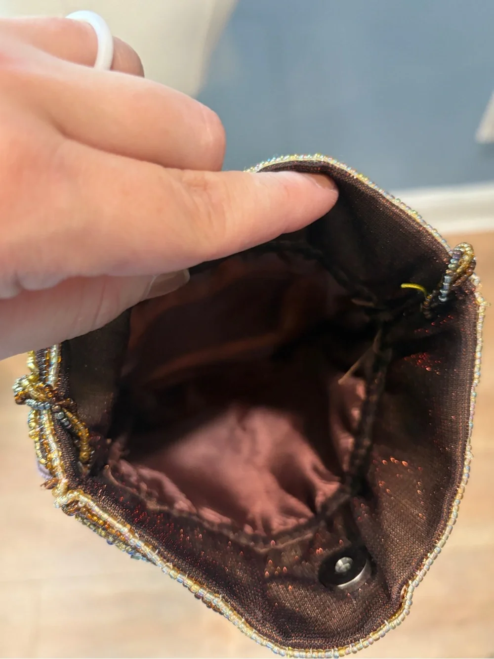 Vintage Hand Beaded Drawstring Purse Brown Fringe Evening Bag Boho